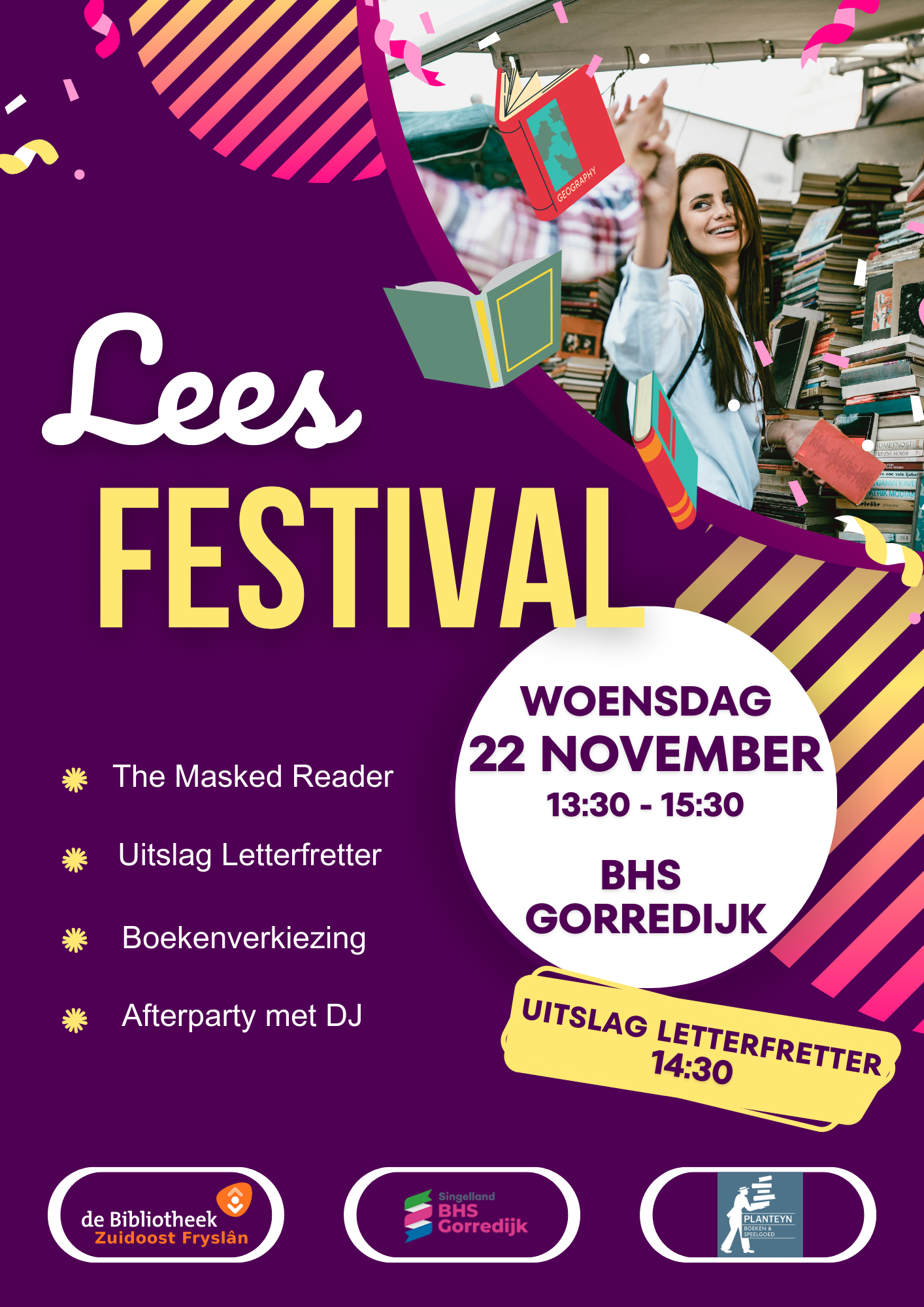 Op woensdag 22 november wordt er op Singelland BHS Gorredijk een leesfestival gehouden.
